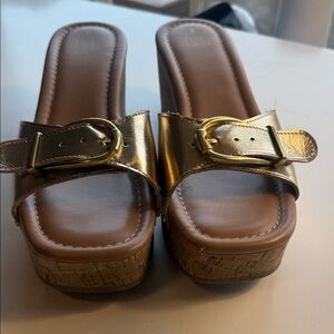 Gold Cork Wedge Slide Sandals with Buckle